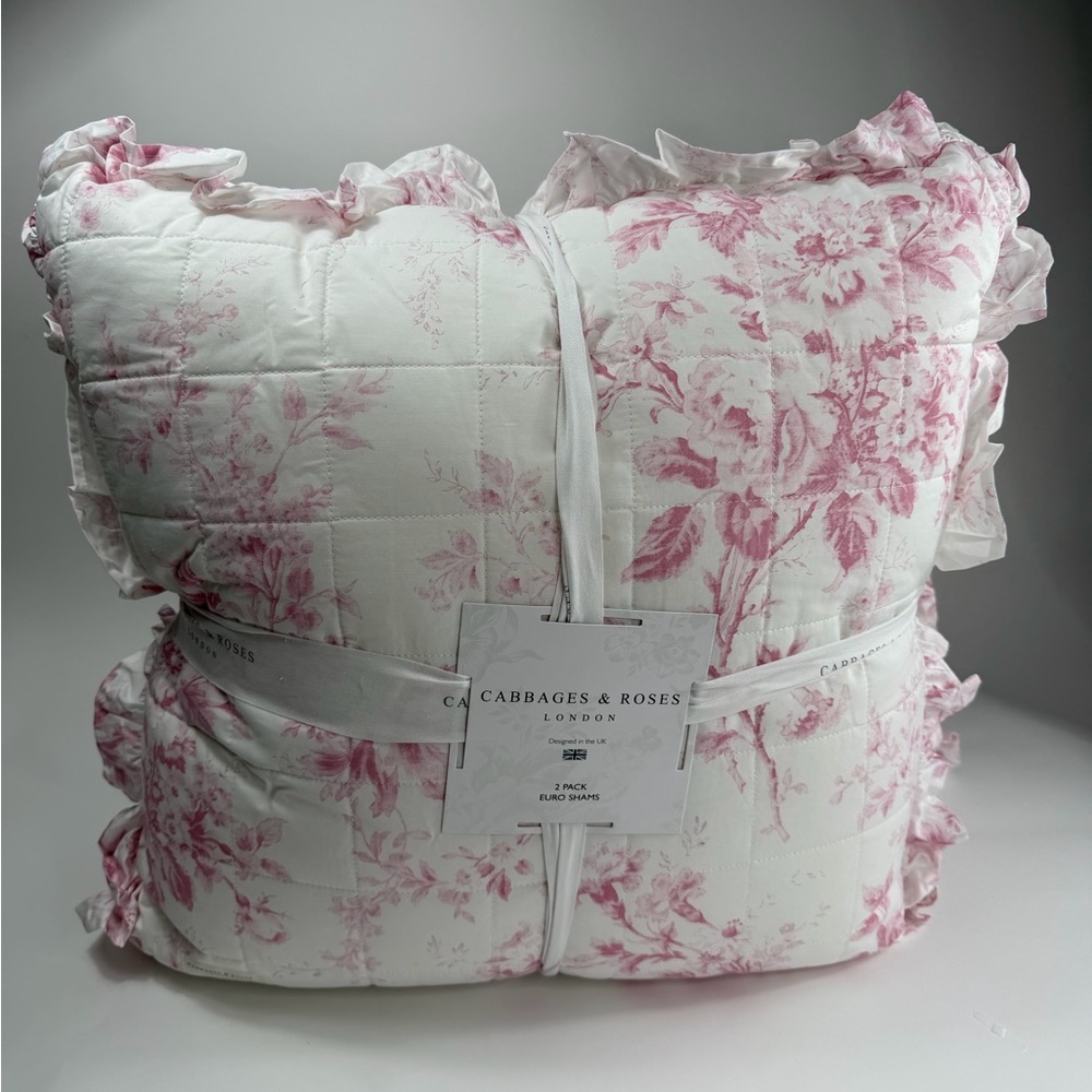 2 Elegant Pink Floral Euro Shams Ruffles Cabbages & Roses London ~ Raspberry - Picture 7 of 16
